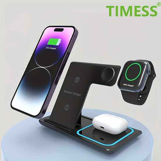 TIMESS-Wireless Charging Station 3-in-1 Standard 15W Fast Mag-Safe Charger Stand with QC3.0 Adapter, Suitable for iPhone 15 14 13 12 11 X 8 Pro Max/Pro/Mini/Plus, for iWatch Ultra 9/8 7/6/5/4/3/2, for Airpods 3/2