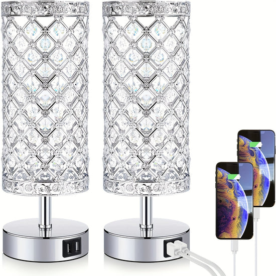 Touch Control Crystal Table Lamp Set of 2 Bedside Nightstand Lamps with 2 USB Charging Ports, 3-Way Dimmable, K9 Crystal Decorative Desk Lamp for Bedroom, Girls Guest Room, Living Room, Bulbs Included