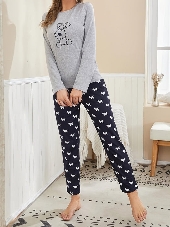 Cartoon Dog Print Pajama Set, Long Sleeve Crew Neck Top & Elastic Waistband Pants, Women&