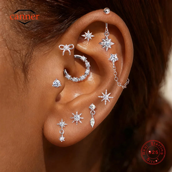 CANNER 1PC Moissanite Spherical Vertical Eight-pointed Star Piercing Earrings 925 Sterling Silver Jewelry Valentine&