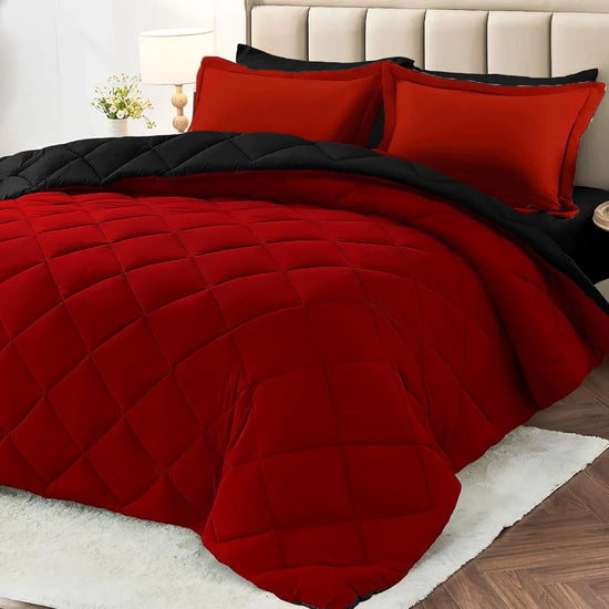 2/3pcs Reversible Comforter Set, All Season Bedding Set with Comforter, Pillow Shams, Red & Black, Down Alternative Duvet Insert