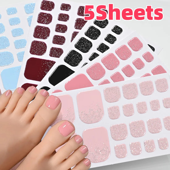 5Sheets/110Tips Summer Glitter Toe Nail Stickers Full Cover Nail Wraps Solid Color Adhesive Toenails Decals for Women DIY Foot &