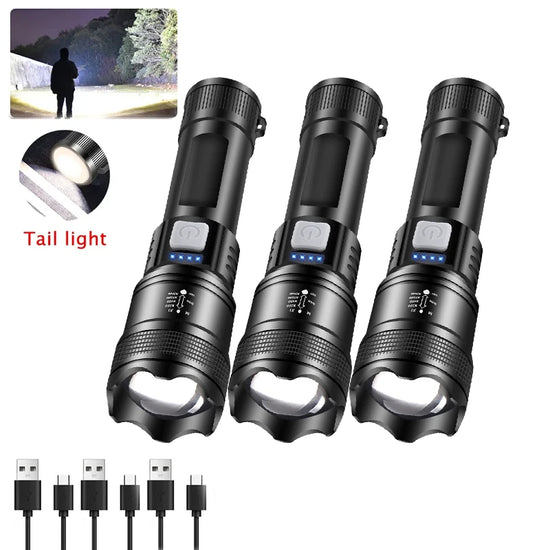 1-3PCS High Strong Power Led Flashlights Tactical Torch with Display Light USB Charging Camping Fishing Emergency Zoom Lantern